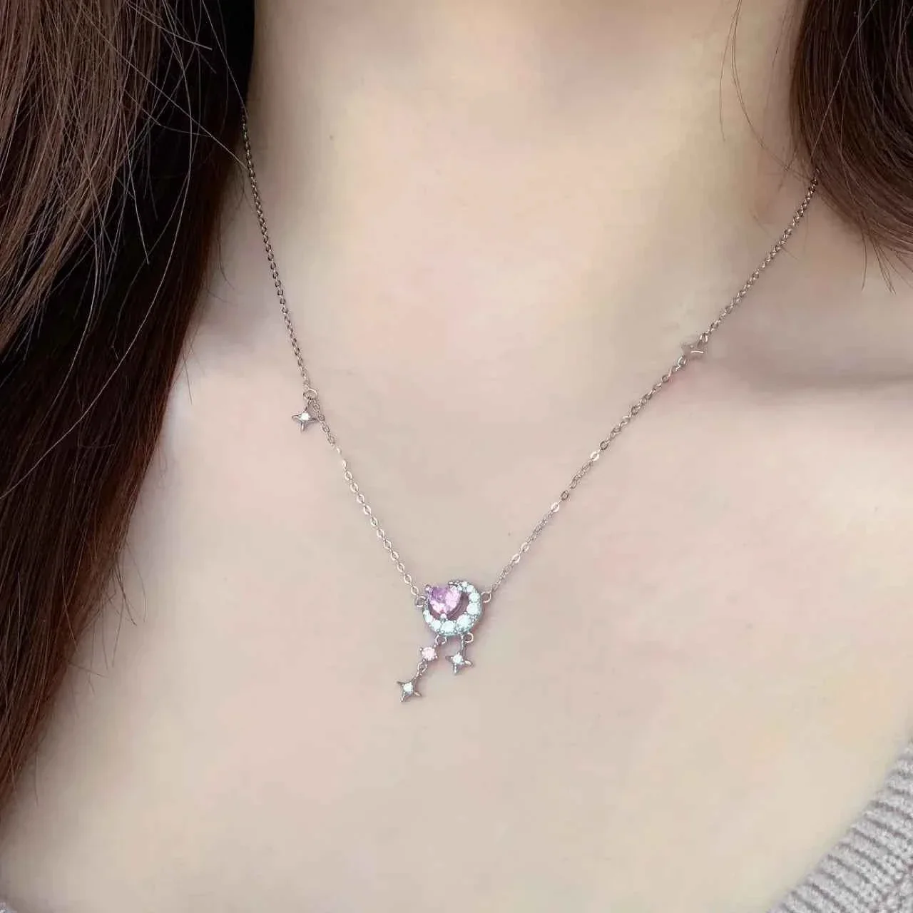 "Romantic Star River" 925 Sterling Silver Heart, Moon, and Star Necklace - Dreamy and Elegant - Image 7