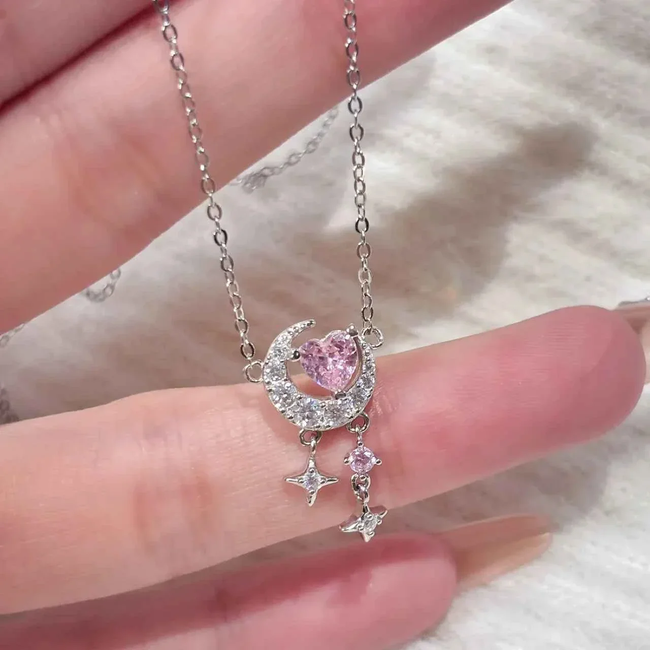 "Romantic Star River" 925 Sterling Silver Heart, Moon, and Star Necklace - Dreamy and Elegant - Image 9