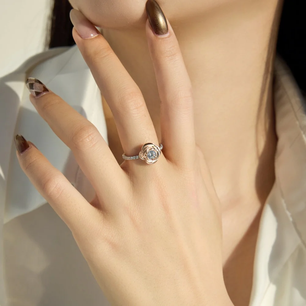 “Rosé Bloom” 925 Sterling Silver Rose Flower Solitaire Ring - Image 2