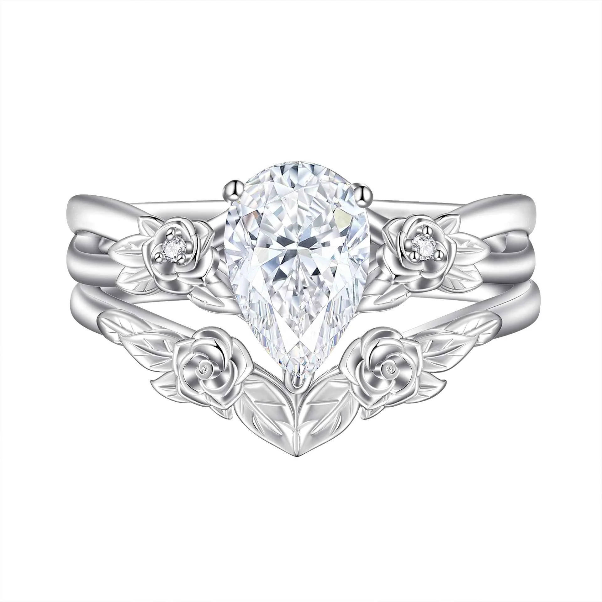 “Rose Tiara” S925 Sterling Silver 1.5CT Pear-Cut Floral Ring Set