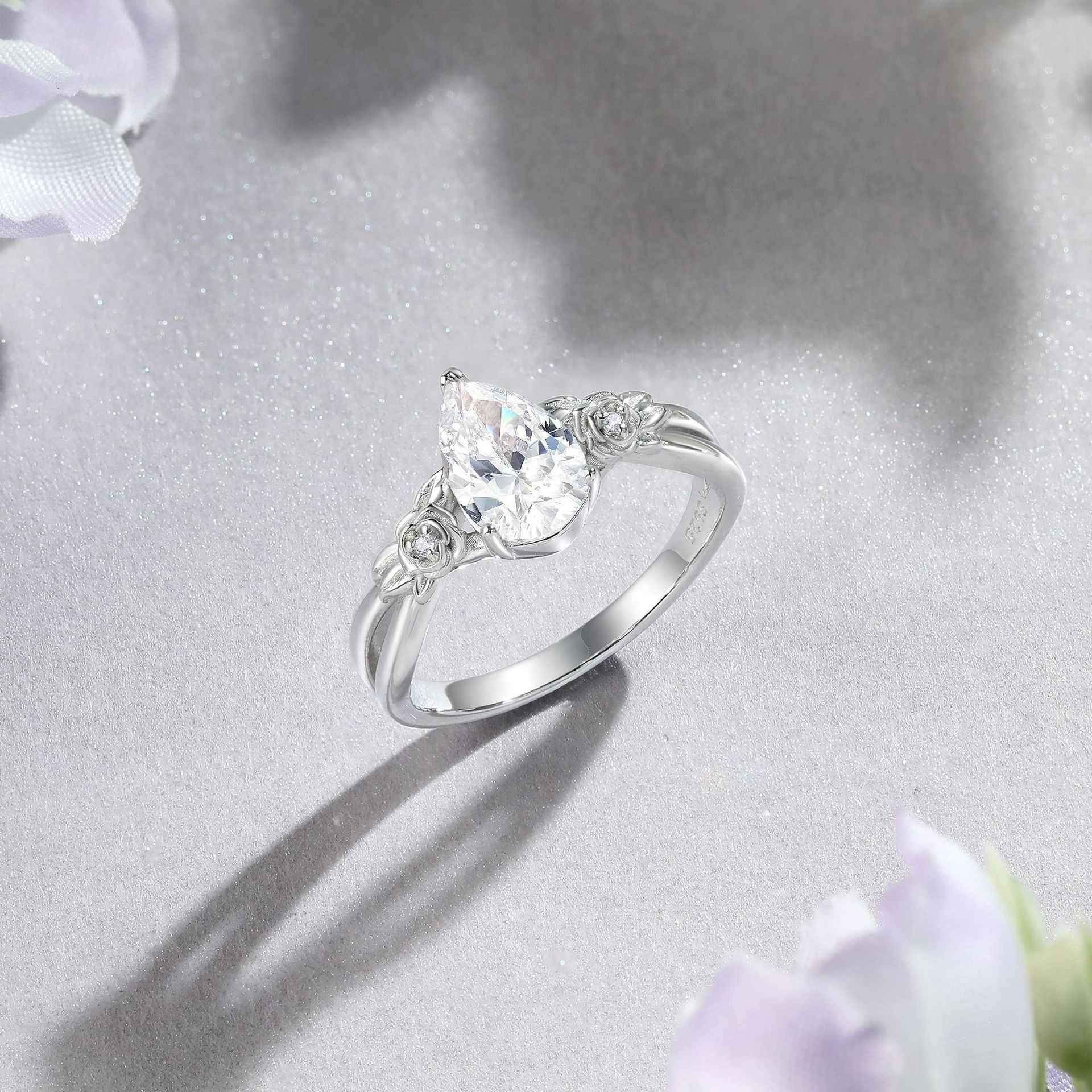 “Rose Tiara” S925 Sterling Silver 1.5CT Pear-Cut Floral Ring Set - Image 3