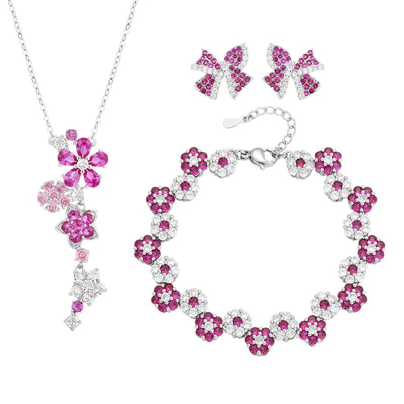 “Ruby Bloom” Brass Ruby Zircon Flower Jewelry Set