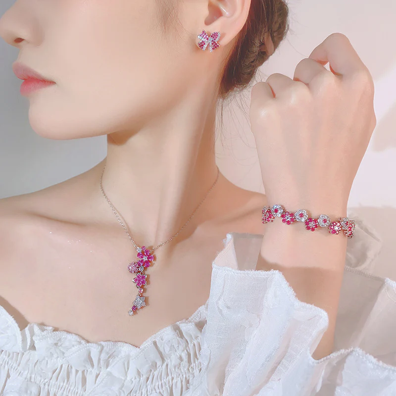 “Ruby Bloom” Brass Ruby Zircon Flower Jewelry Set - Image 4