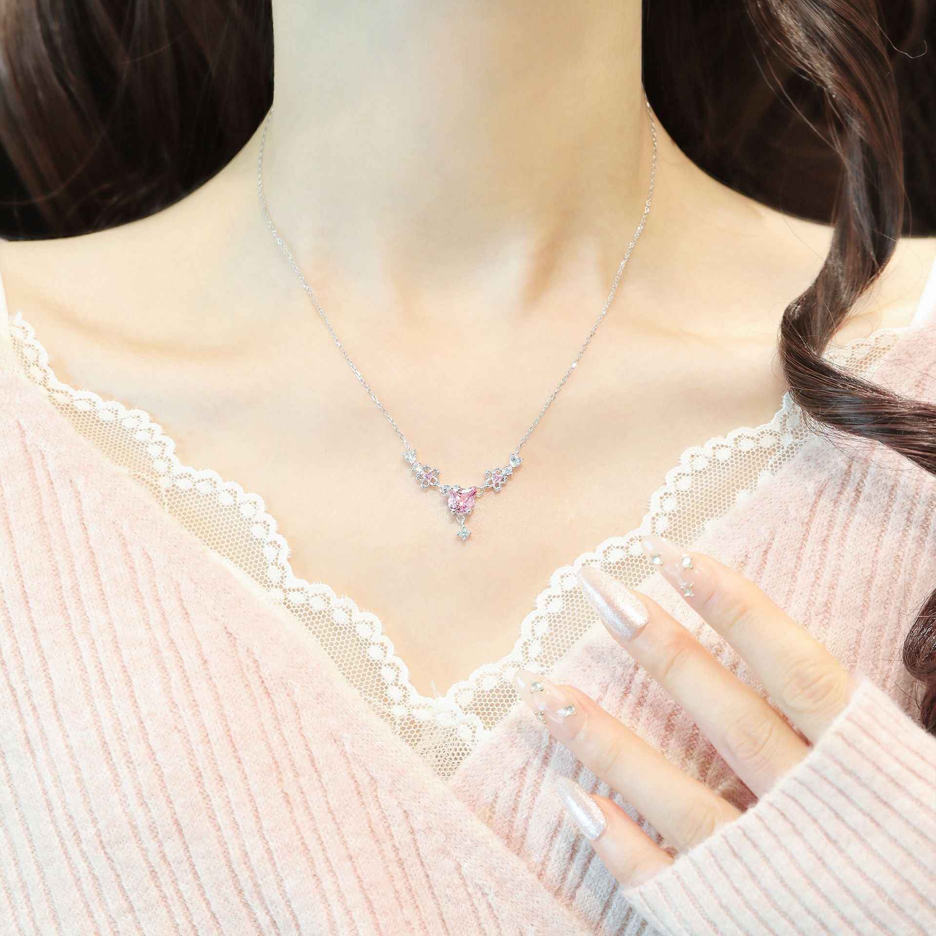 “Sakura Kitty” 925 Sterling Silver Pink Zircon Cat Necklace & Bracelet Set - Image 2