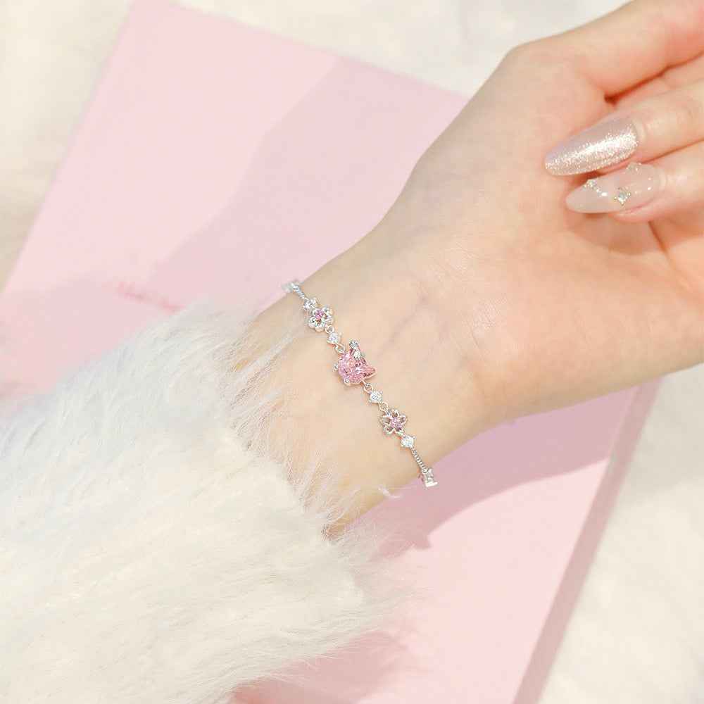 “Sakura Kitty” 925 Sterling Silver Pink Zircon Cat Necklace & Bracelet Set - Image 3