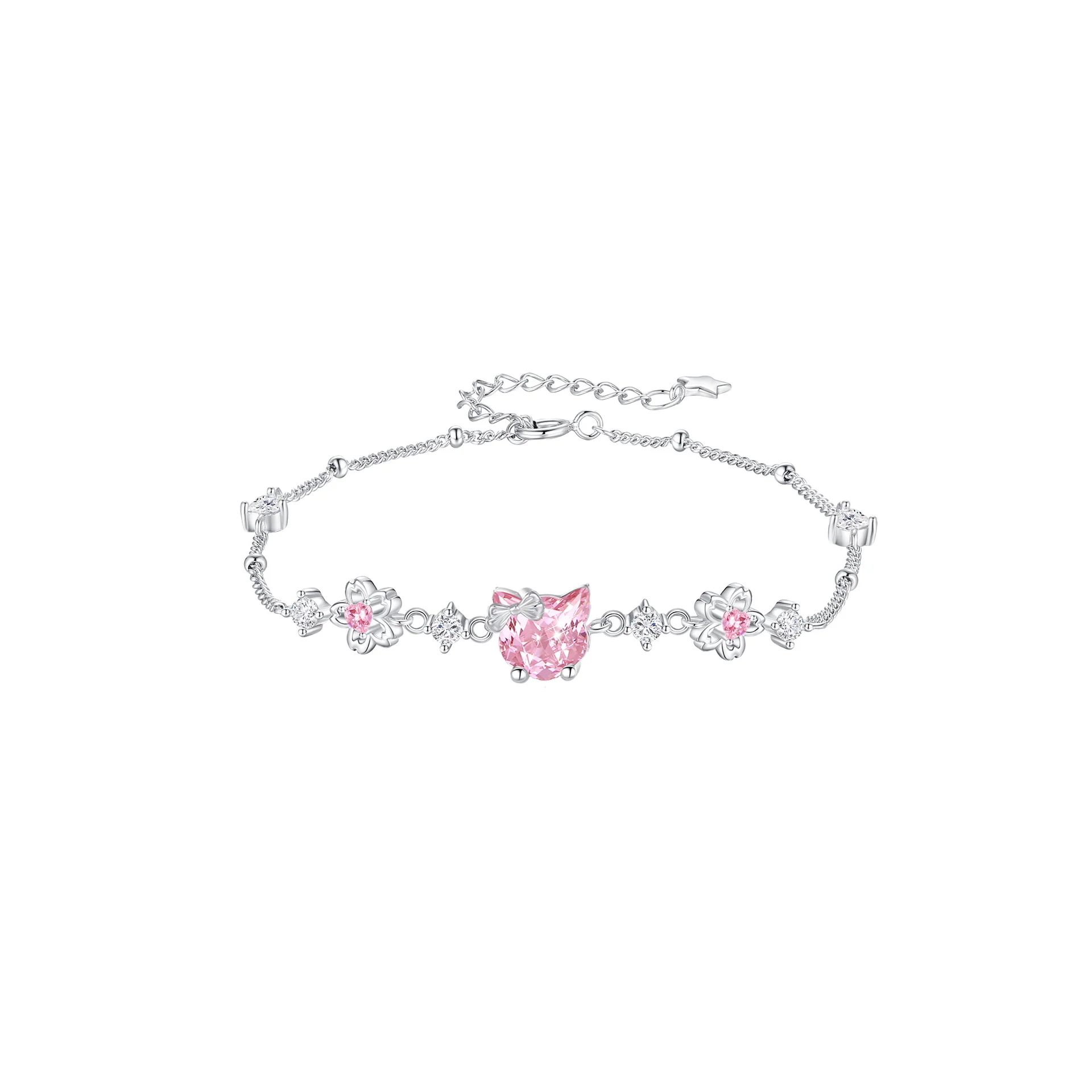 “Sakura Kitty” 925 Sterling Silver Pink Zircon Cat Necklace & Bracelet Set - Image 4
