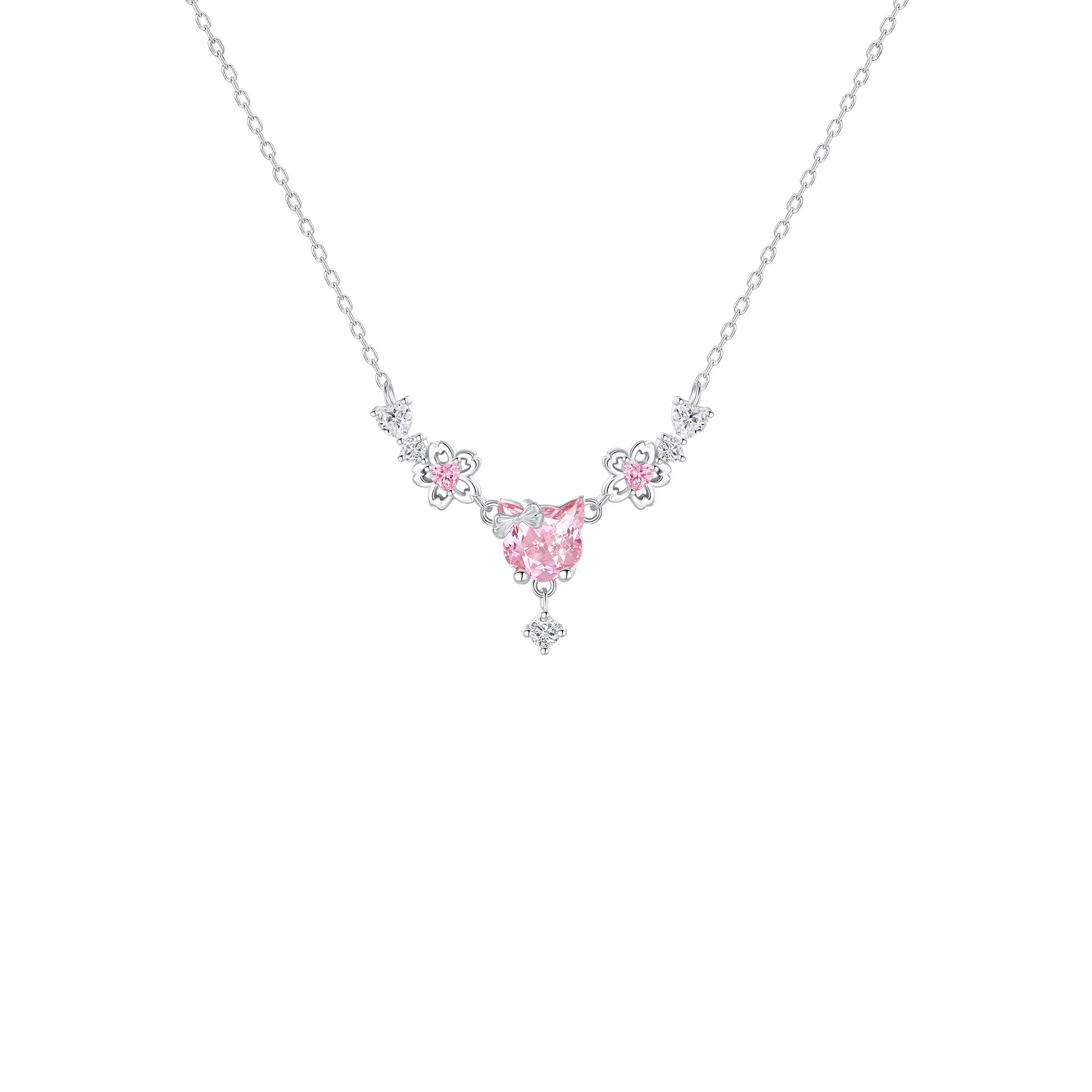 “Sakura Kitty” 925 Sterling Silver Pink Zircon Cat Necklace & Bracelet Set - Image 5