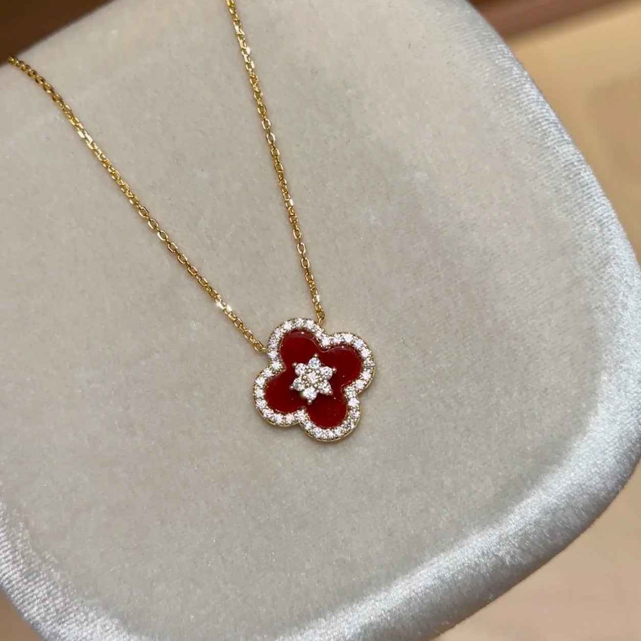 “Scarlet Clover” S925 Sterling Silver Red Carnelian Clover Jewelry Set (Necklace, Bracelet & Stud Earrings) - Image 2