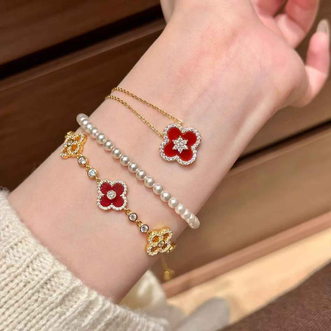 “Scarlet Clover” S925 Sterling Silver Red Carnelian Clover Jewelry Set (Necklace, Bracelet & Stud Earrings) - Image 4