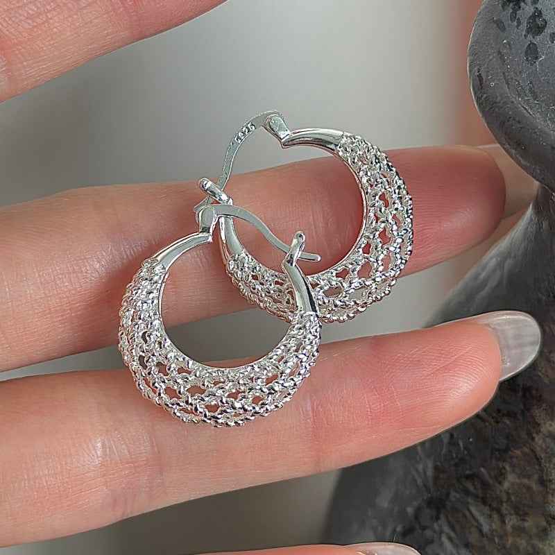 “Silver Weave” S925 Sterling Silver Textured Hoop Earrings - Image 4