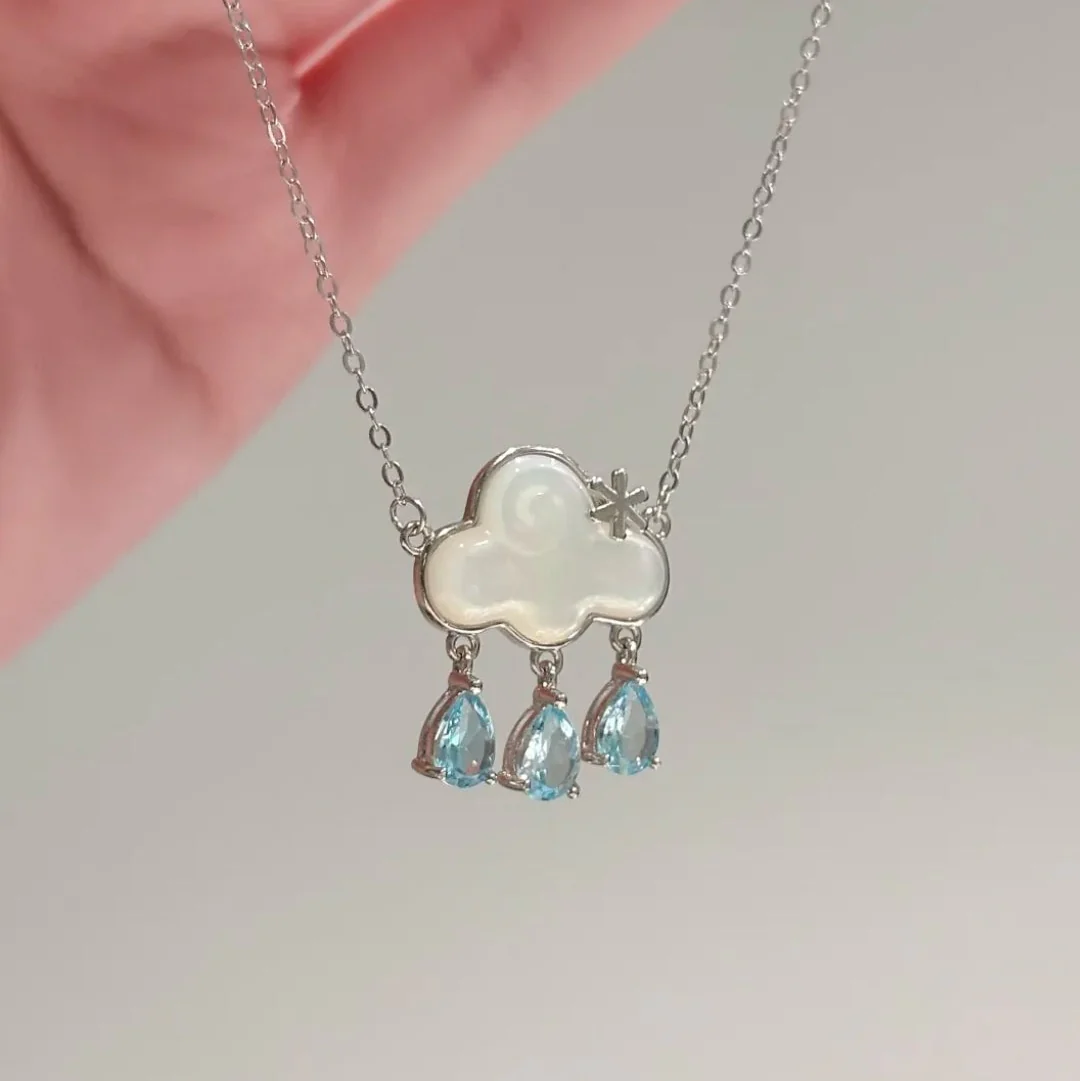 “Skydrop Cloud” S925 Sterling Silver Blue Topaz Cloud Rain Necklace - Image 2