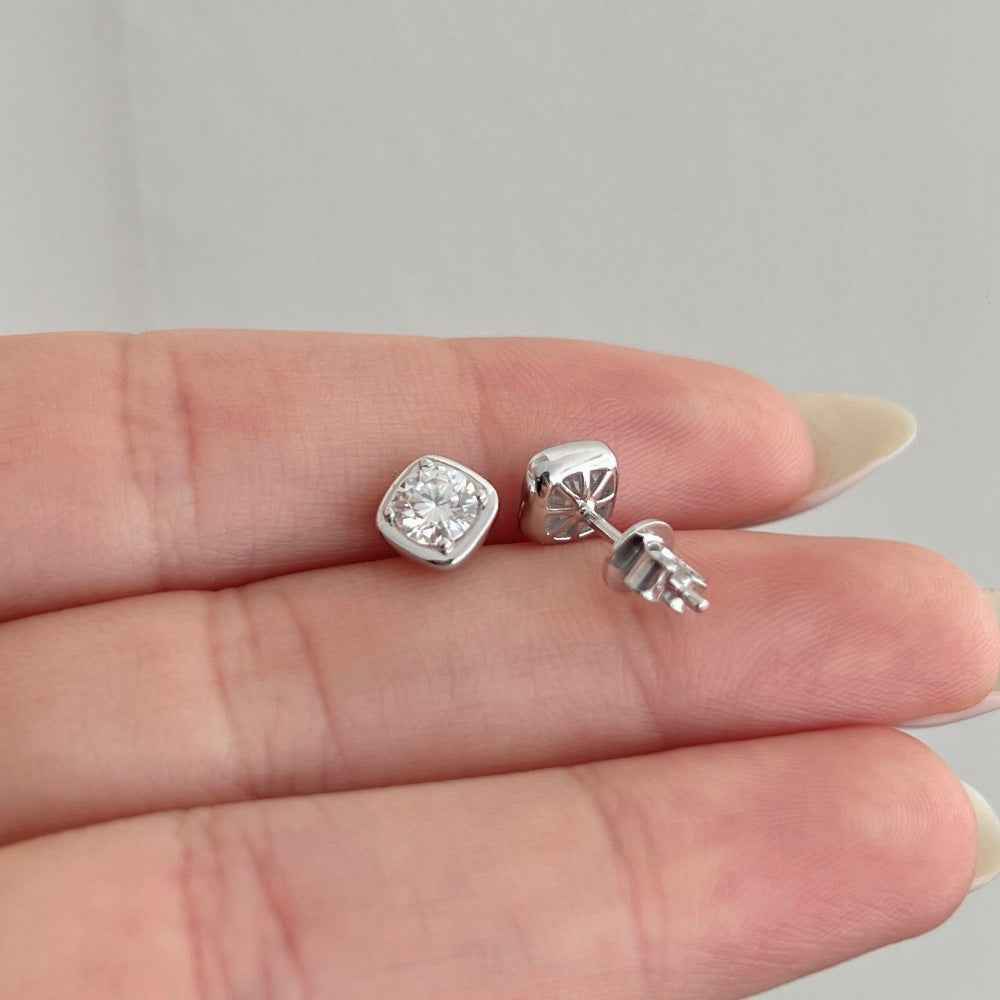 “Soft Halo” 925 Sterling Silver Minimalist Cushion Stud Earrings - Image 3