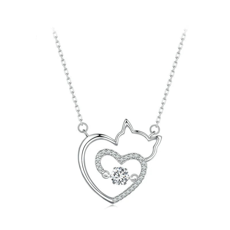 "Sprightly Cat" 925 Sterling Silver Necklace – White Gold Plated, Zircon