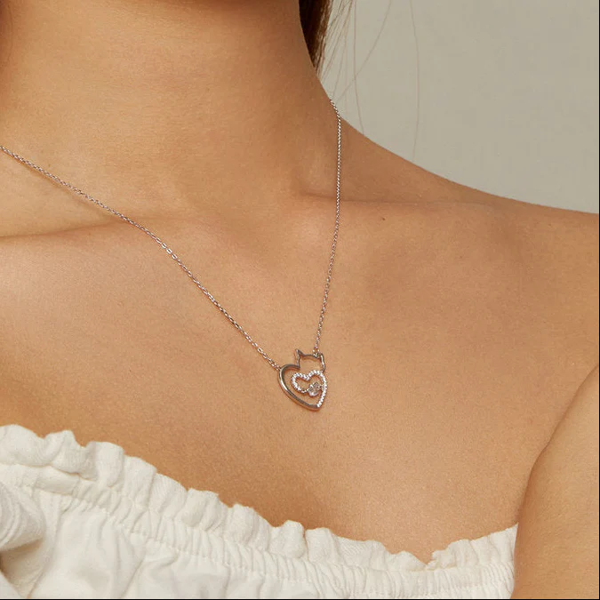 "Sprightly Cat" 925 Sterling Silver Necklace – White Gold Plated, Zircon - Image 2