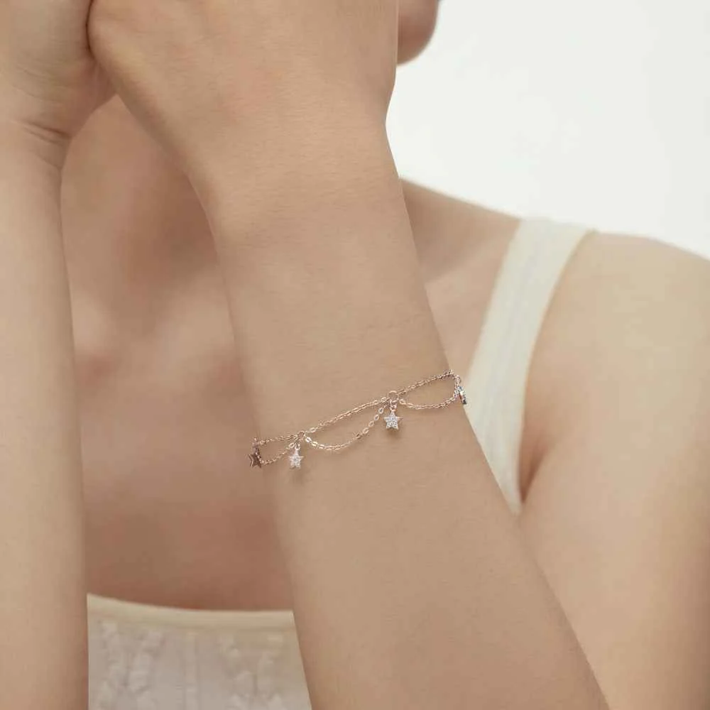 “Starlit Dance” 925 Sterling Silver Double-Layer Star Charm Bracelet - Image 3