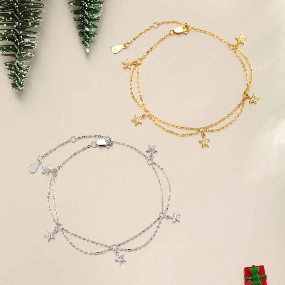 “Starlit Dance” 925 Sterling Silver Double-Layer Star Charm Bracelet - Image 5