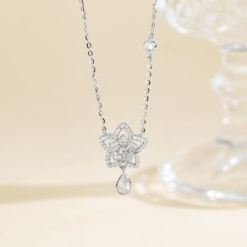 “Starlit Dew” S925 Sterling Silver Star Drop Necklace - Image 2