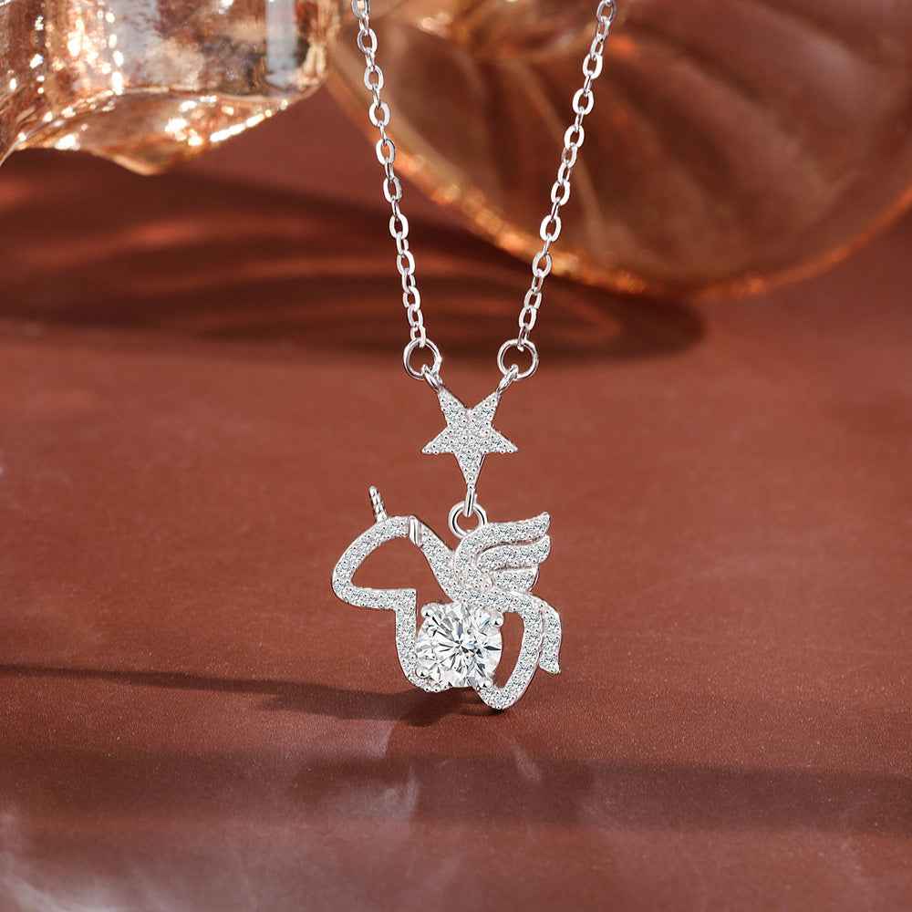 “Starlit Pegasus” 925 Sterling Silver Moissanite Unicorn Pendant Necklace - Image 3