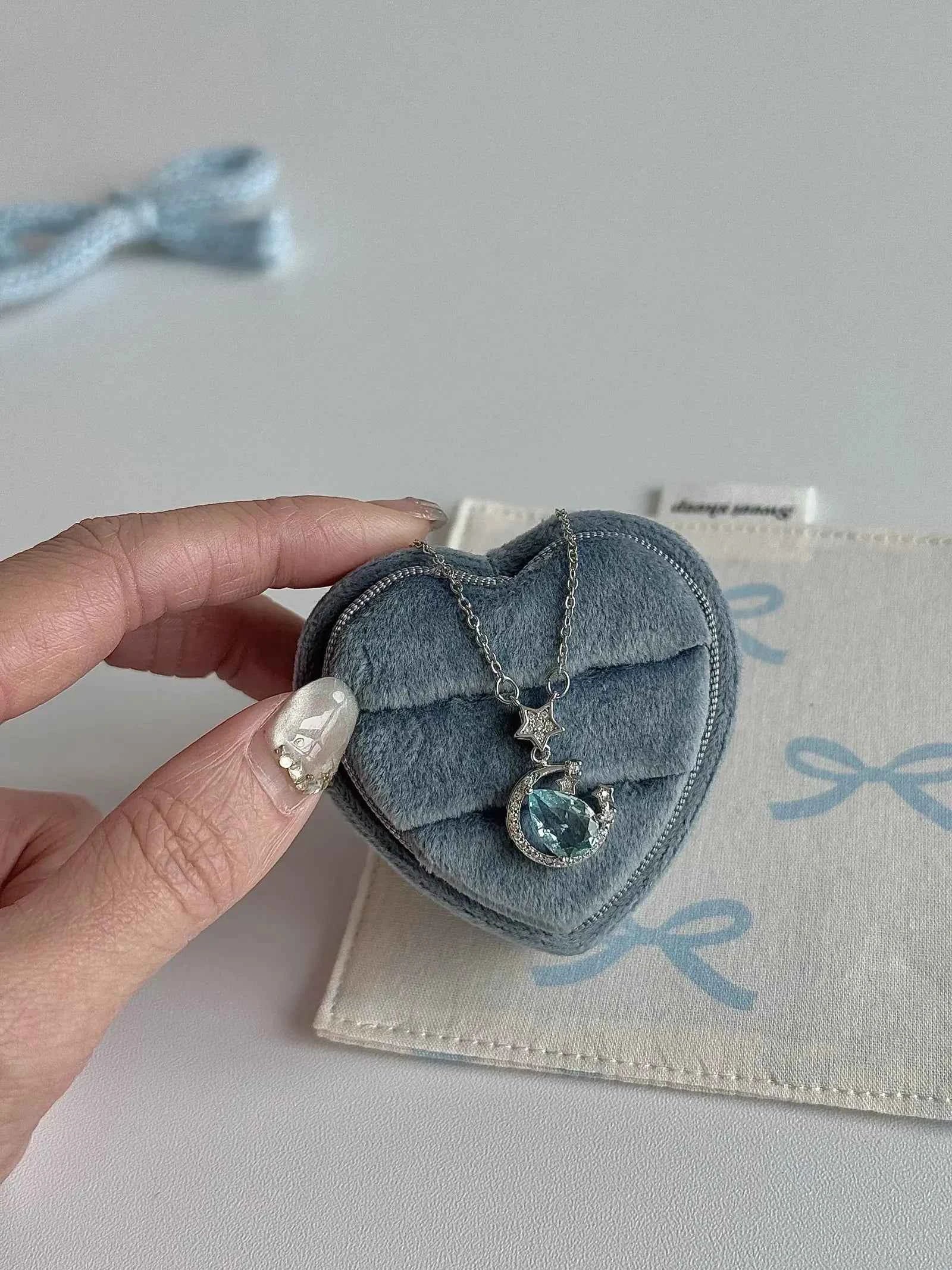 "Starry River Tranquility" Blue Star and Moon Pendant Necklace - Unique, Gentle, and Cool Chic in 925 Sterling Silver - Image 2