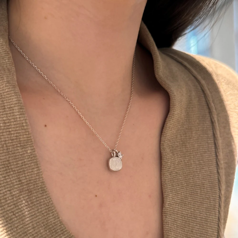 Sugar Cube – Brushed Square Pendant Necklace, 925 Sterling Silver with CZ Accent: Gold | Silver - Image 4