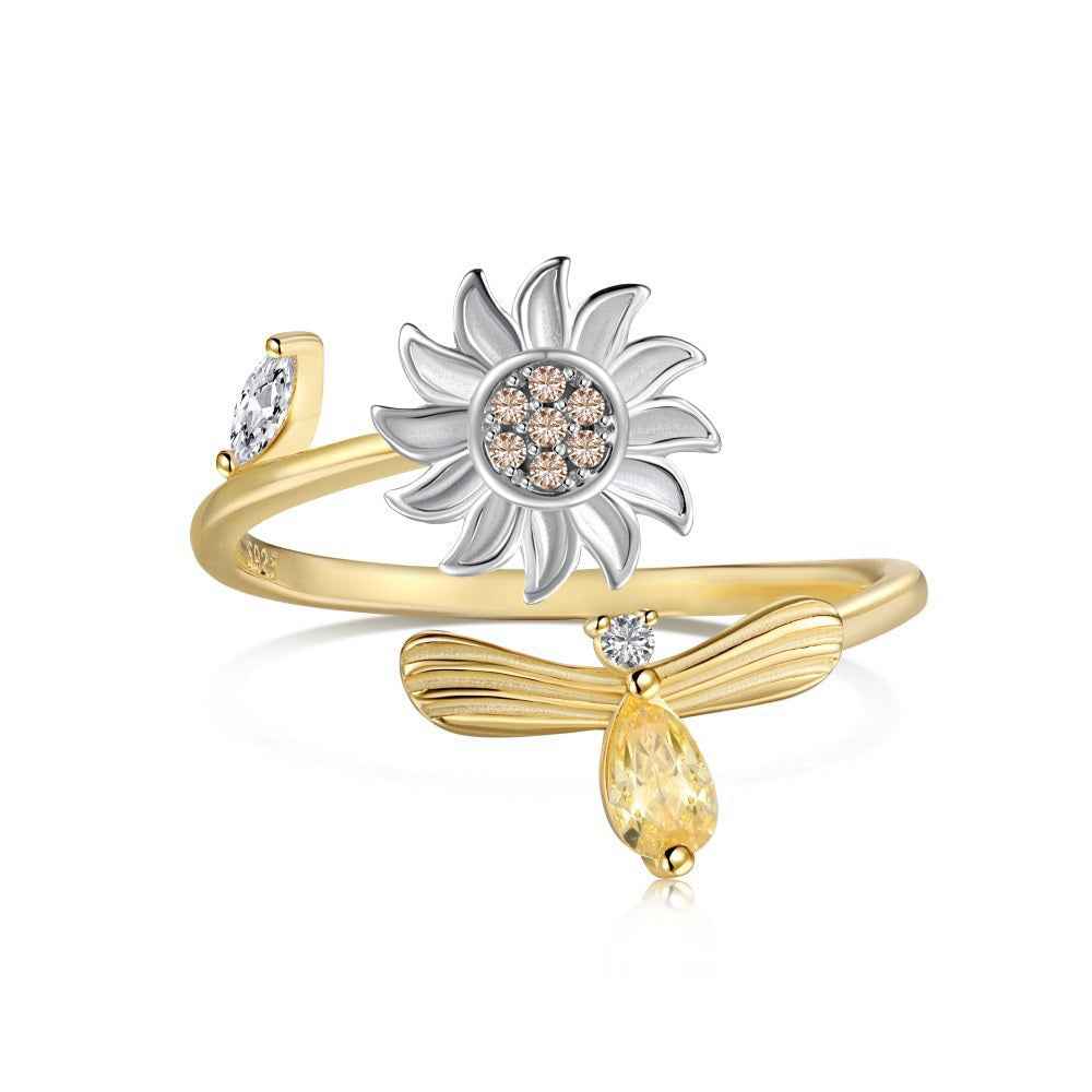 “Sunbeam Flutter” 925 Sterling Silver Rotating Sunflower Open Ring - Image 3