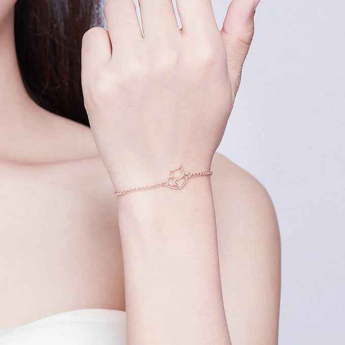 “Sweet Kitty Heart” 925 Sterling Silver Cat Heart Adjustable Bracelet - Image 2