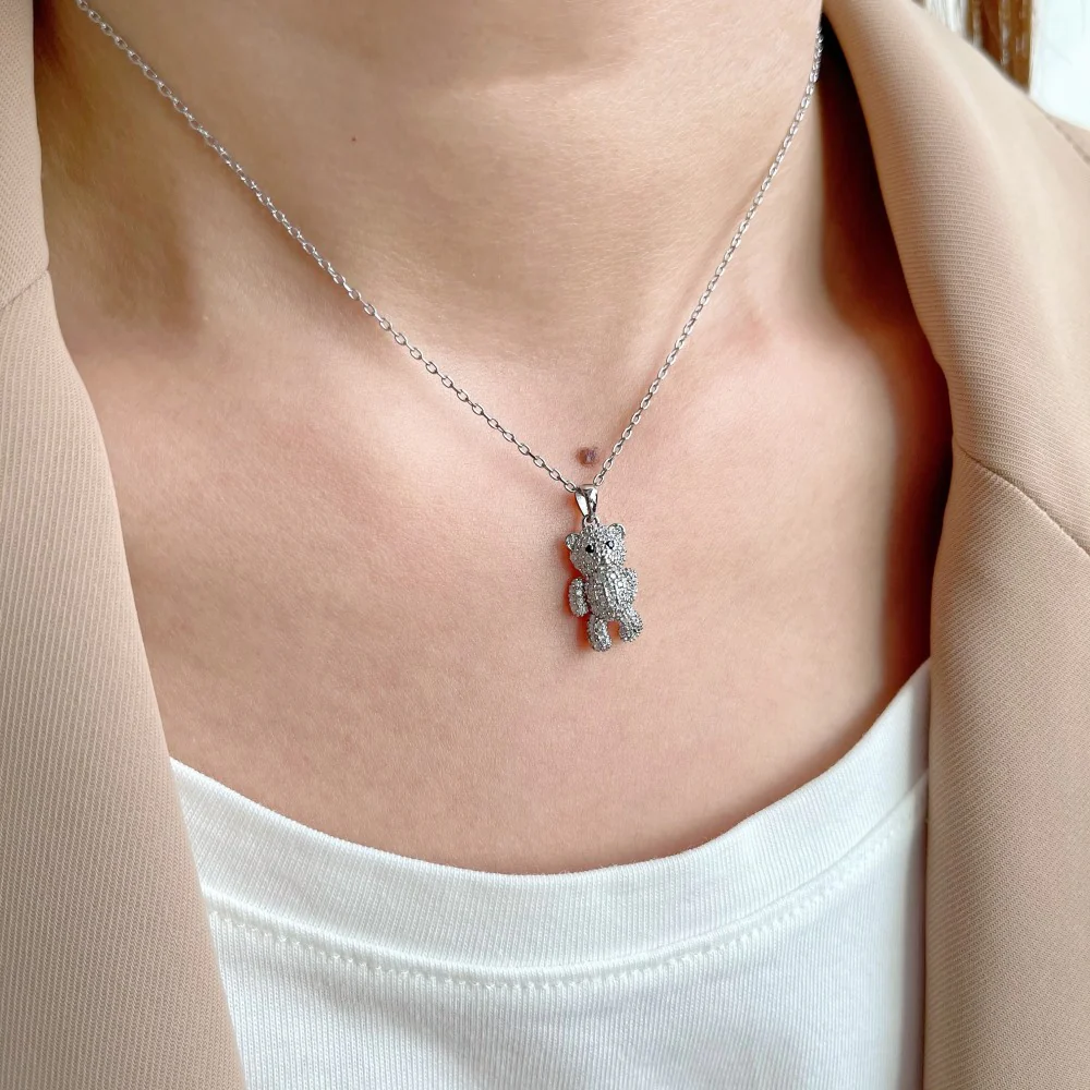 “Teddy Spark” S925 Sterling Silver Teddy Bear Necklace - Image 2