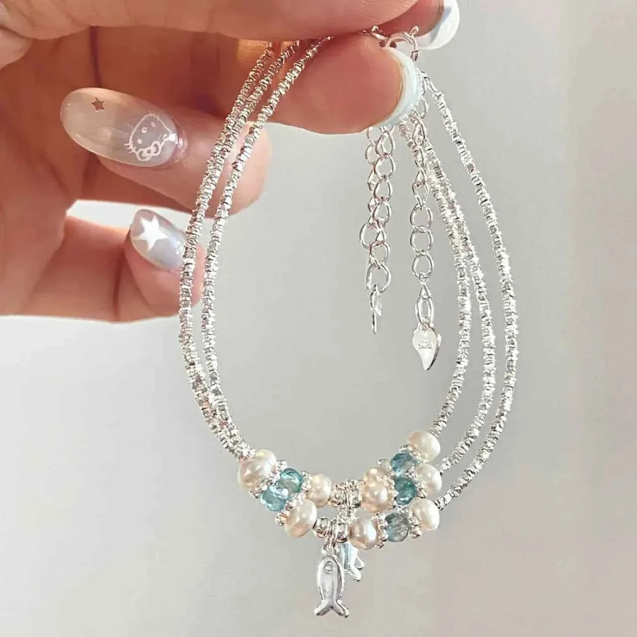 "This Little Fish Cares" 925 Sterling Silver Chunky-Link Bracelet – Aquamarine & Pearl Whisper - Image 3