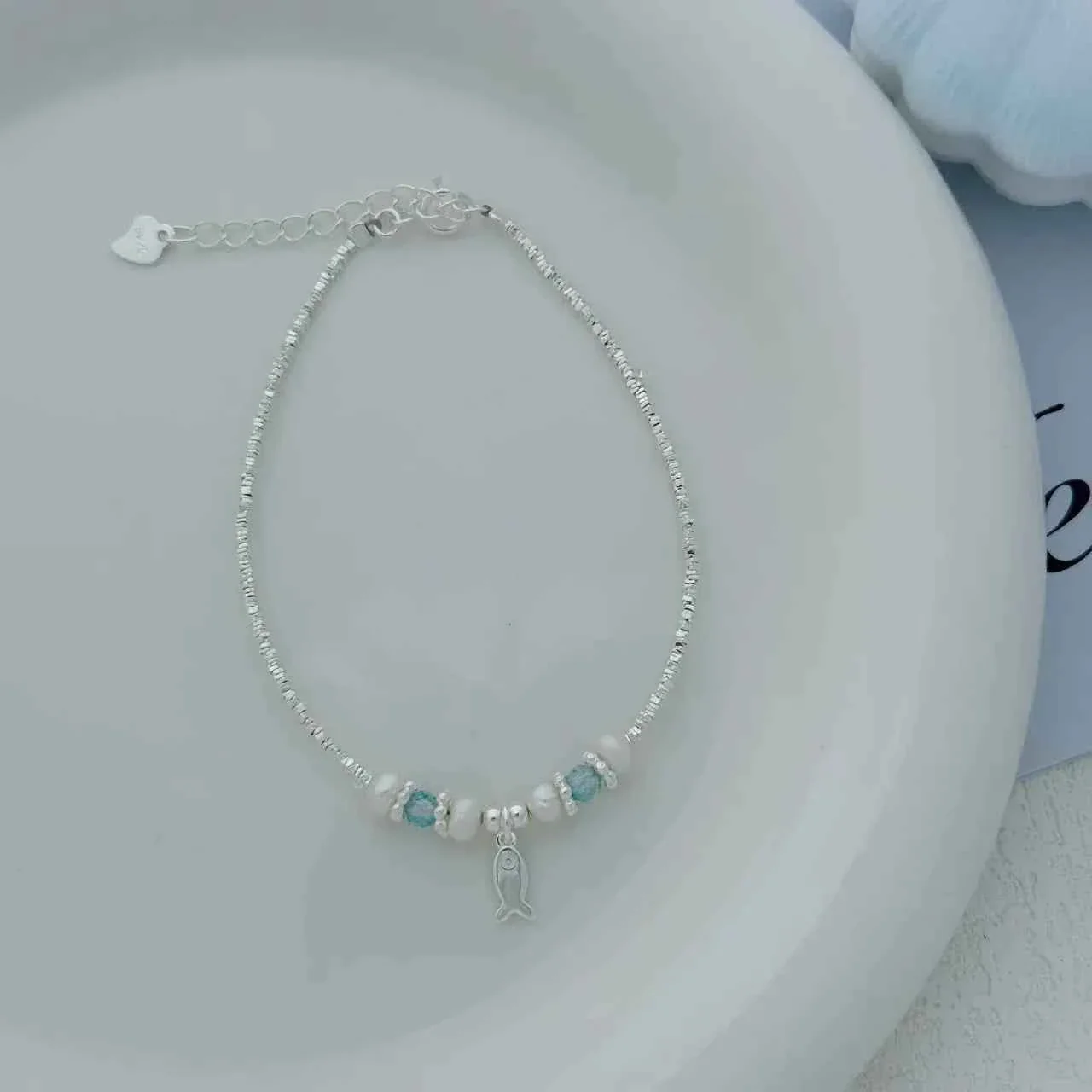 "This Little Fish Cares" 925 Sterling Silver Chunky-Link Bracelet – Aquamarine & Pearl Whisper - Image 4