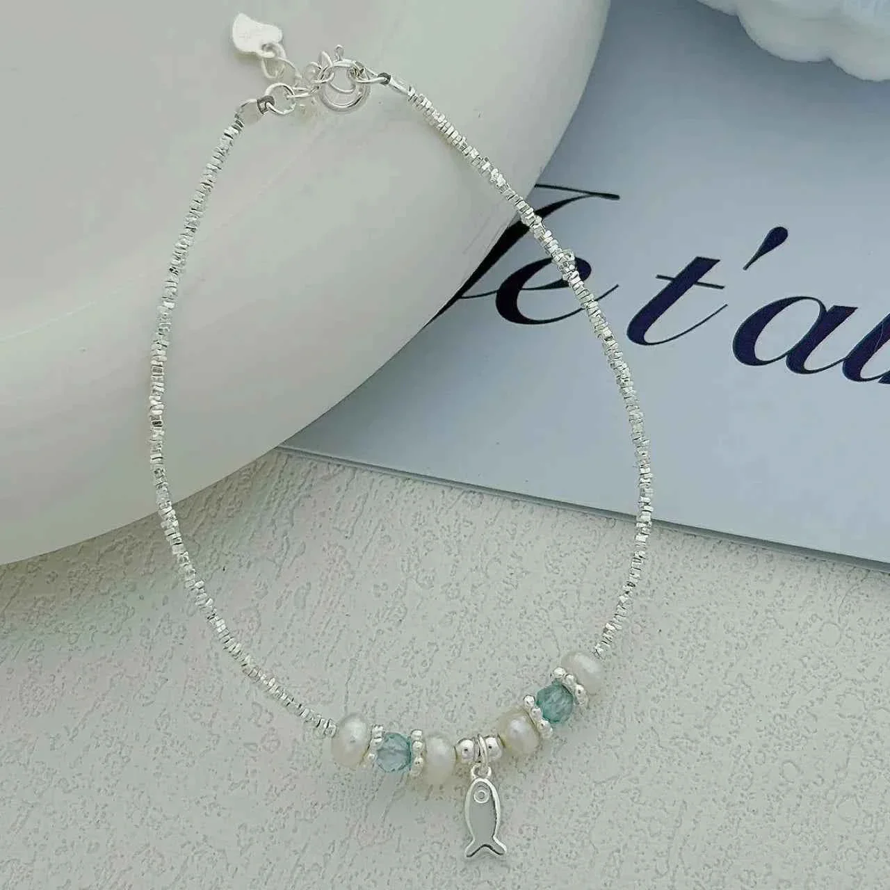 "This Little Fish Cares" 925 Sterling Silver Chunky-Link Bracelet – Aquamarine & Pearl Whisper - Image 5