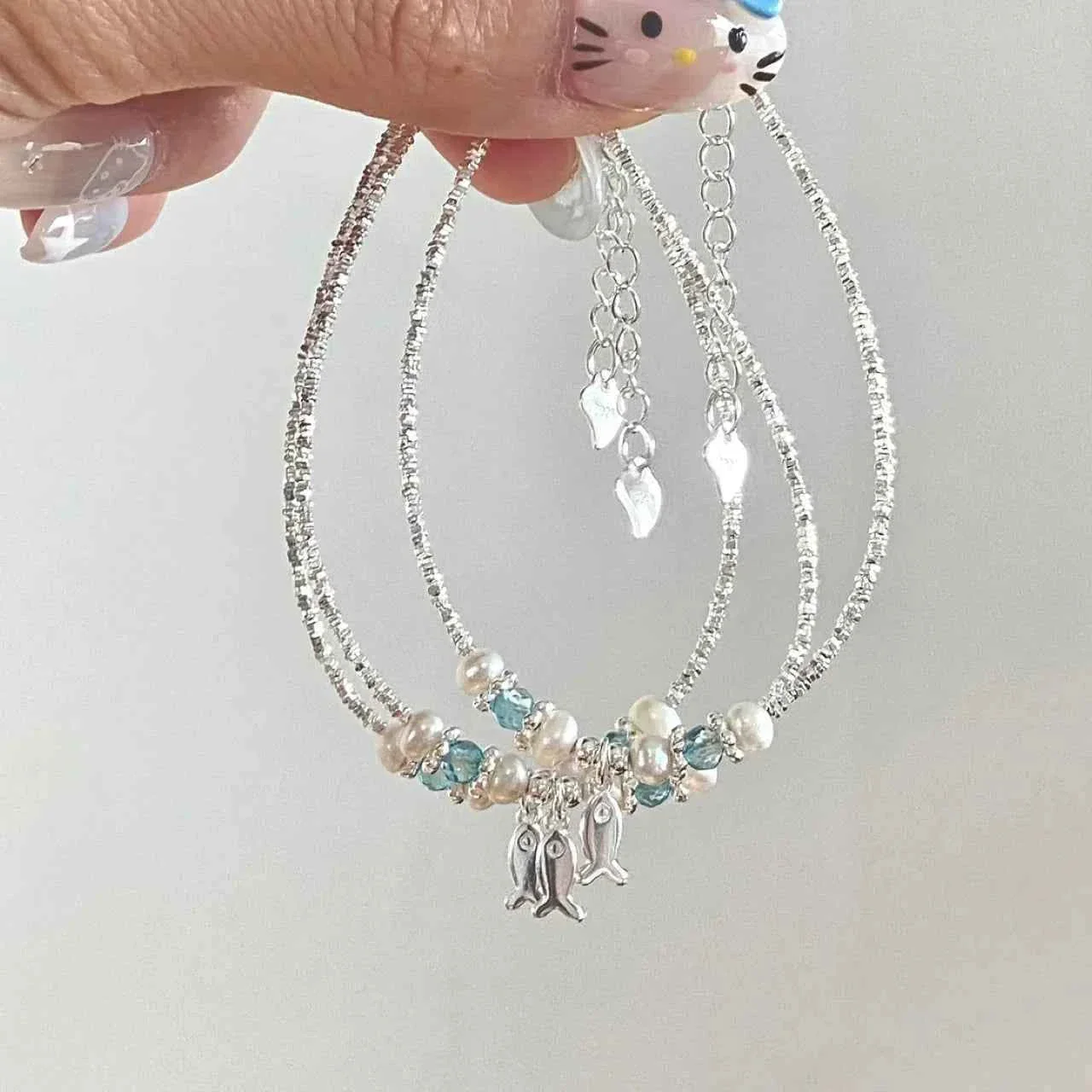 "This Little Fish Cares" 925 Sterling Silver Chunky-Link Bracelet – Aquamarine & Pearl Whisper - Image 6