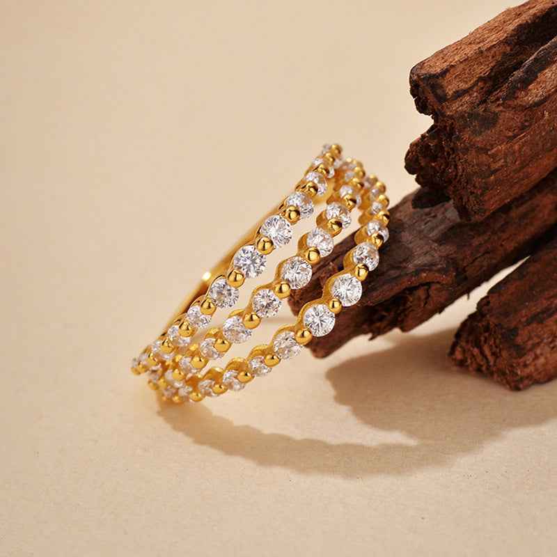 "Triple Gleam" 925 Sterling Silver Three-Row Pavé Zircon Ring - Image 3