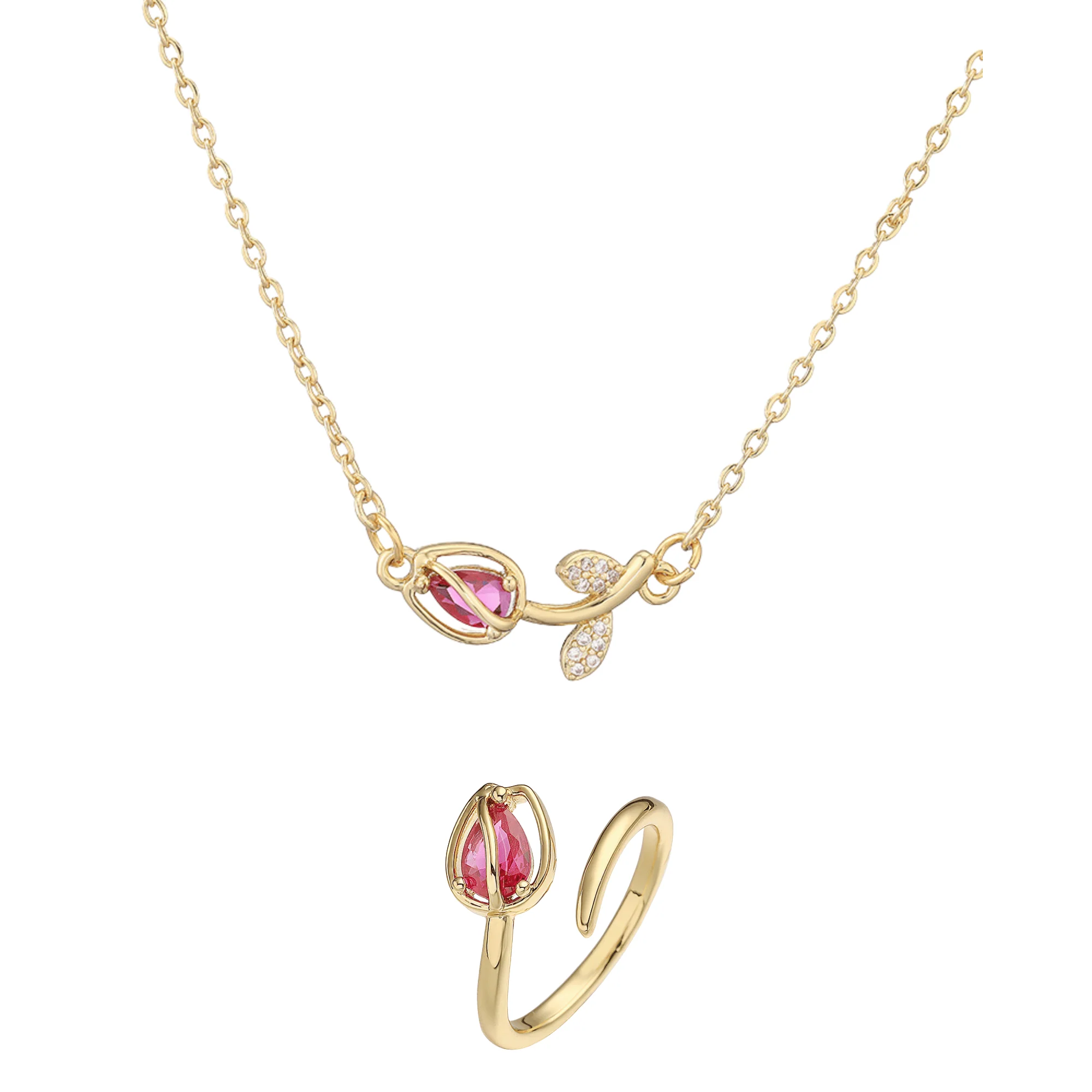 Tulip Éclat Brass Genuine Gold-Plated 3A Zircon Floral Necklace & Ring Set - Image 3