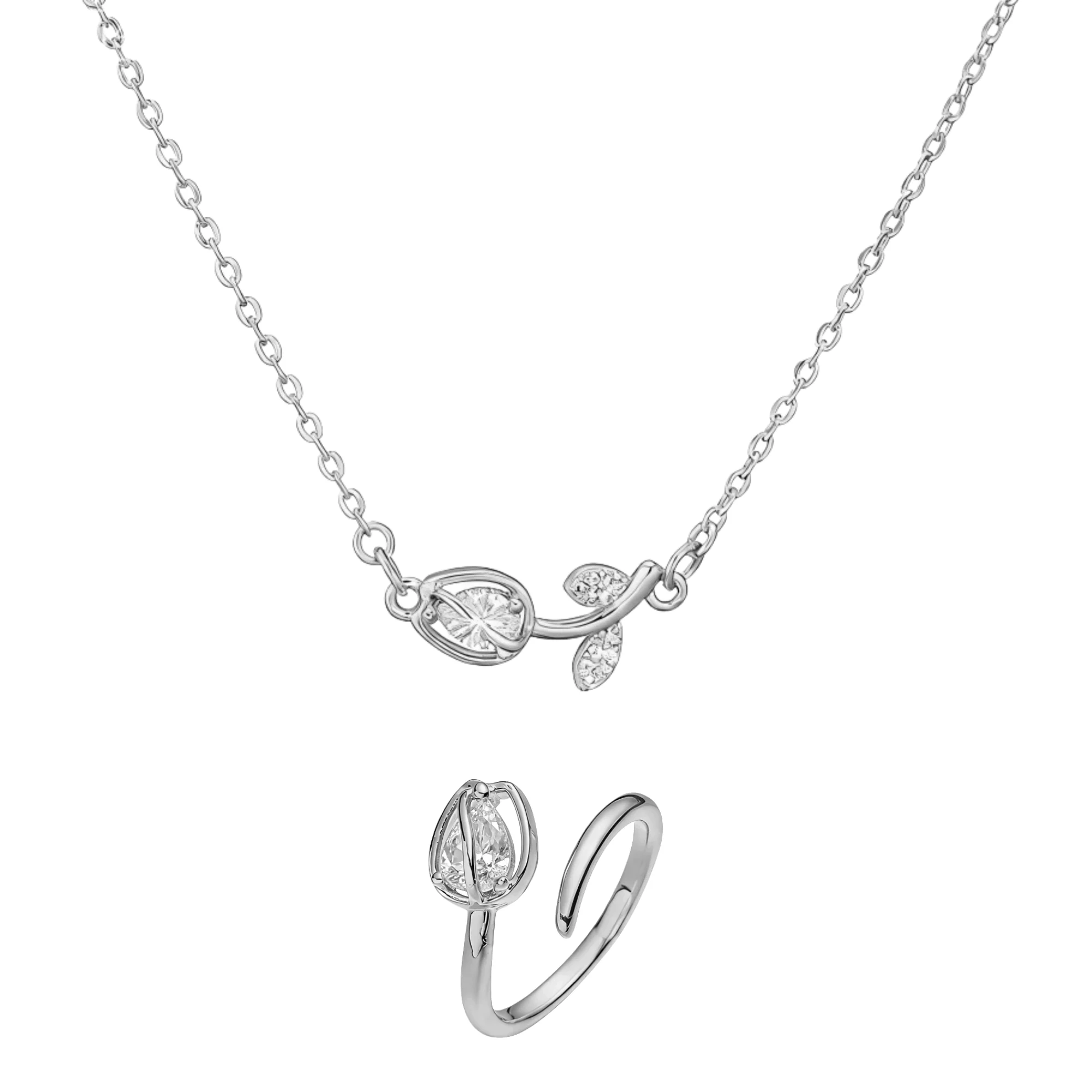 Tulip Éclat Brass Genuine Gold-Plated 3A Zircon Floral Necklace & Ring Set - Image 6