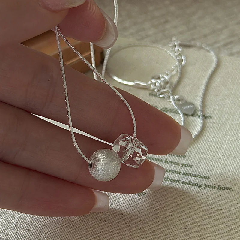 "Twilight Beads" 925 Sterling Silver Necklace – Brushed Silver & White Crystal - Image 3