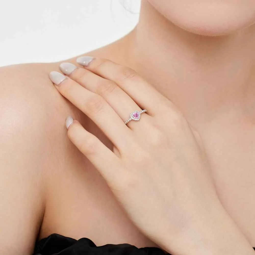 “Twilight Double Heart” 925 Sterling Silver Pink Halo Ring - Image 3