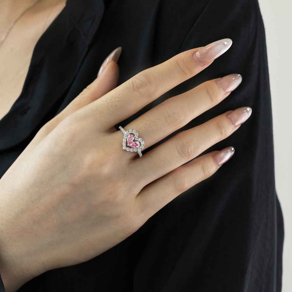 “Twin Blush Halo” 925 Sterling Silver Pink Double-Heart Ring - Image 3