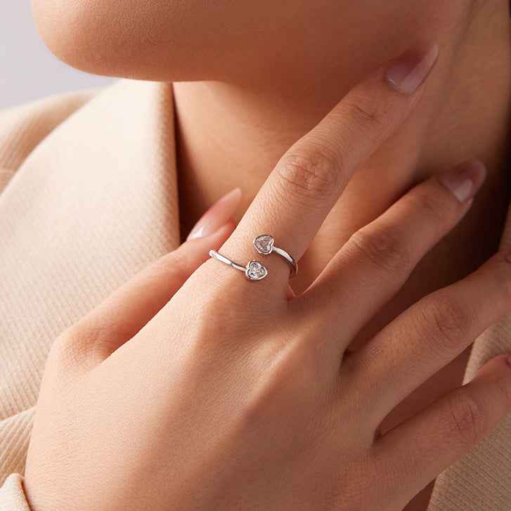 “Twin Heart Whisper” 925 Sterling Silver Adjustable Open Heart Ring - Image 2