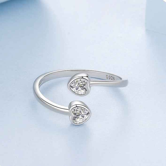 “Twin Heart Whisper” 925 Sterling Silver Adjustable Open Heart Ring - Image 3
