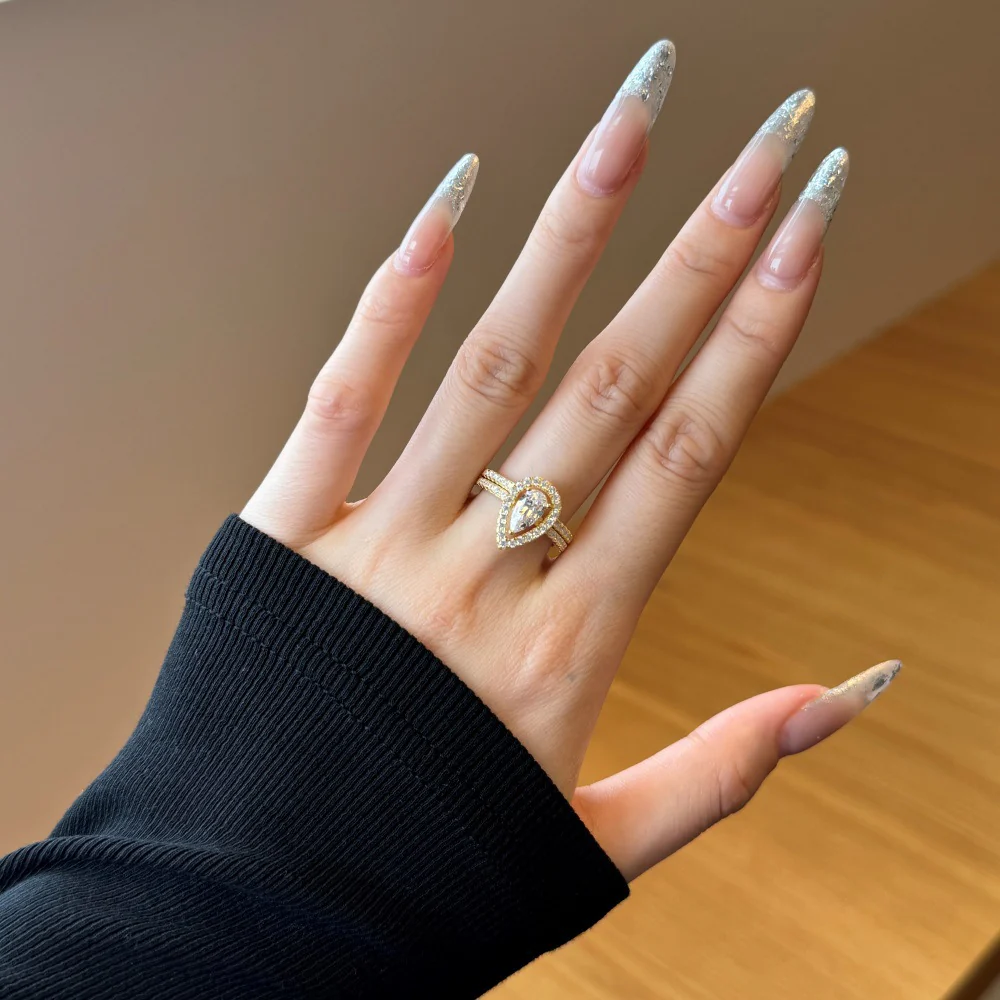 “Twin Tear Grace” S925 Sterling Silver Pear-Cut Ring Set - Image 2