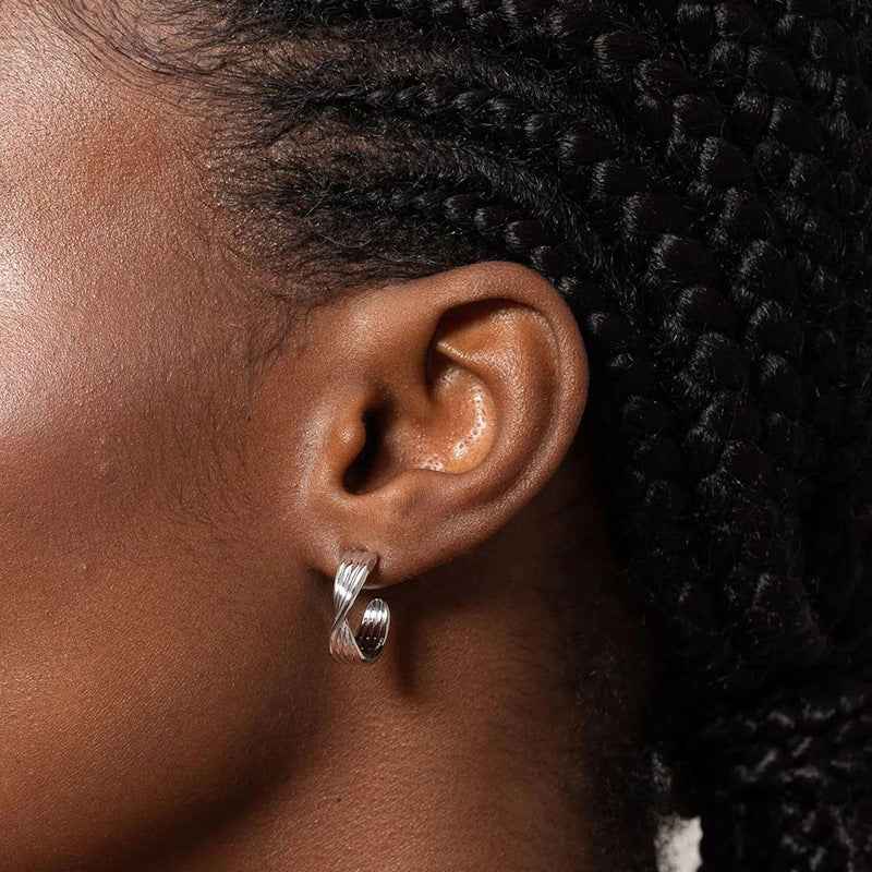 "Twist Line" 925 Sterling Silver Sculpted Hoop Earrings - Image 2