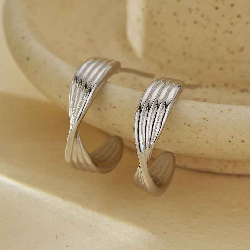 "Twist Line" 925 Sterling Silver Sculpted Hoop Earrings - Image 4