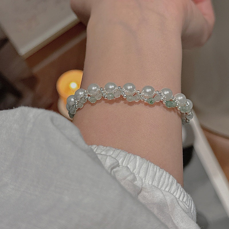 “Verdant Pearl Weave” S925 Sterling Silver Pearl Beaded Bracelet - Image 2