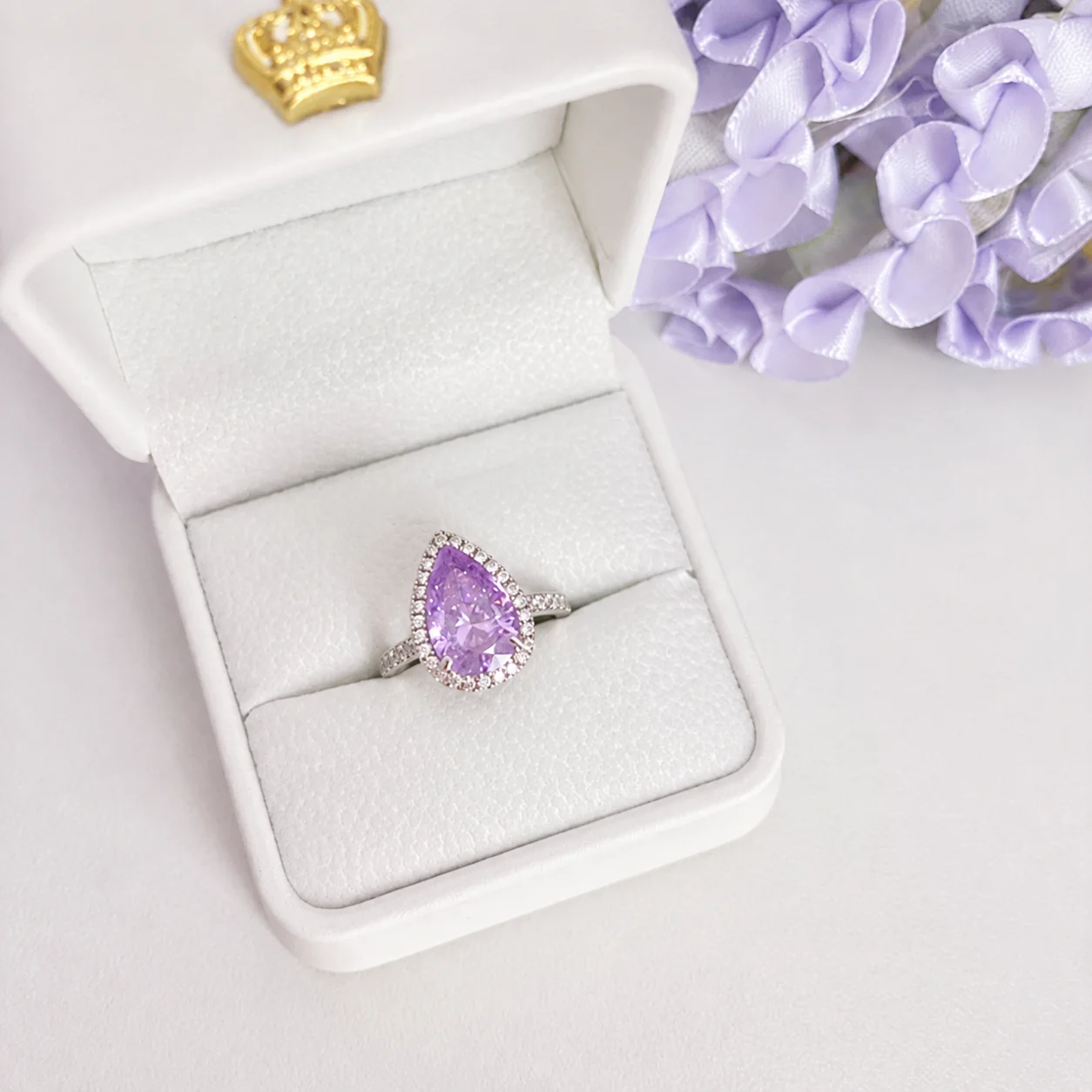 “Violet Cascade” S925 Sterling Silver 4CT Pear-Cut 8A Zircon Halo Ring