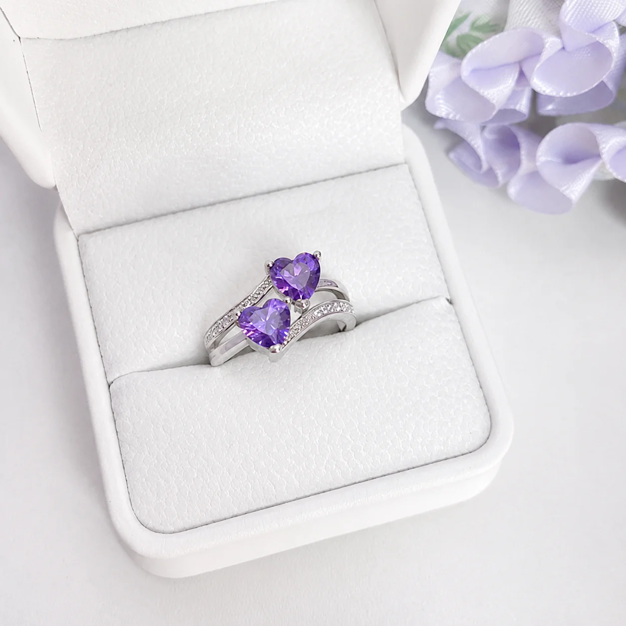 “Violet Duet” S925 Sterling Silver Double Heart Zircon Ring