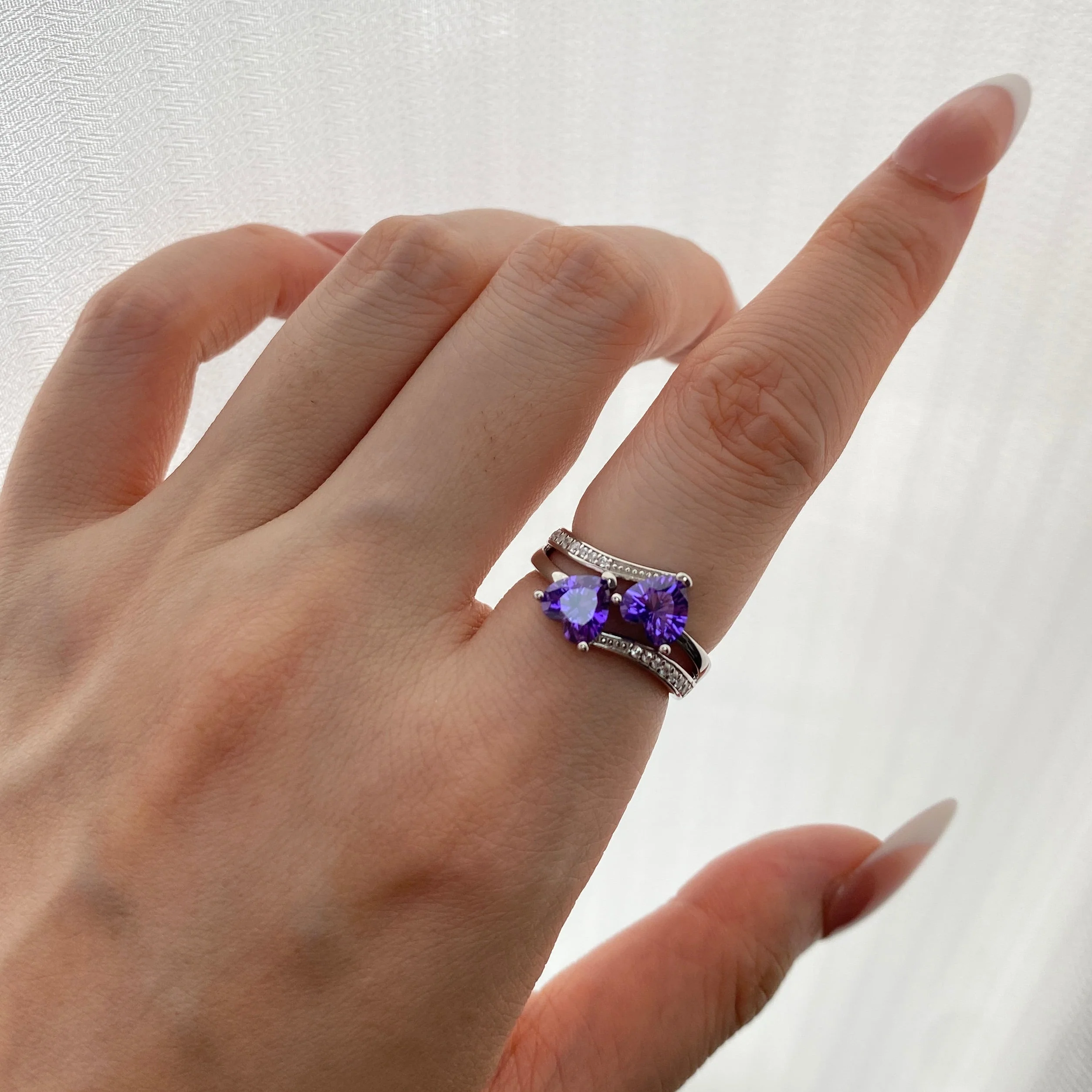 “Violet Duet” S925 Sterling Silver Double Heart Zircon Ring - Image 2