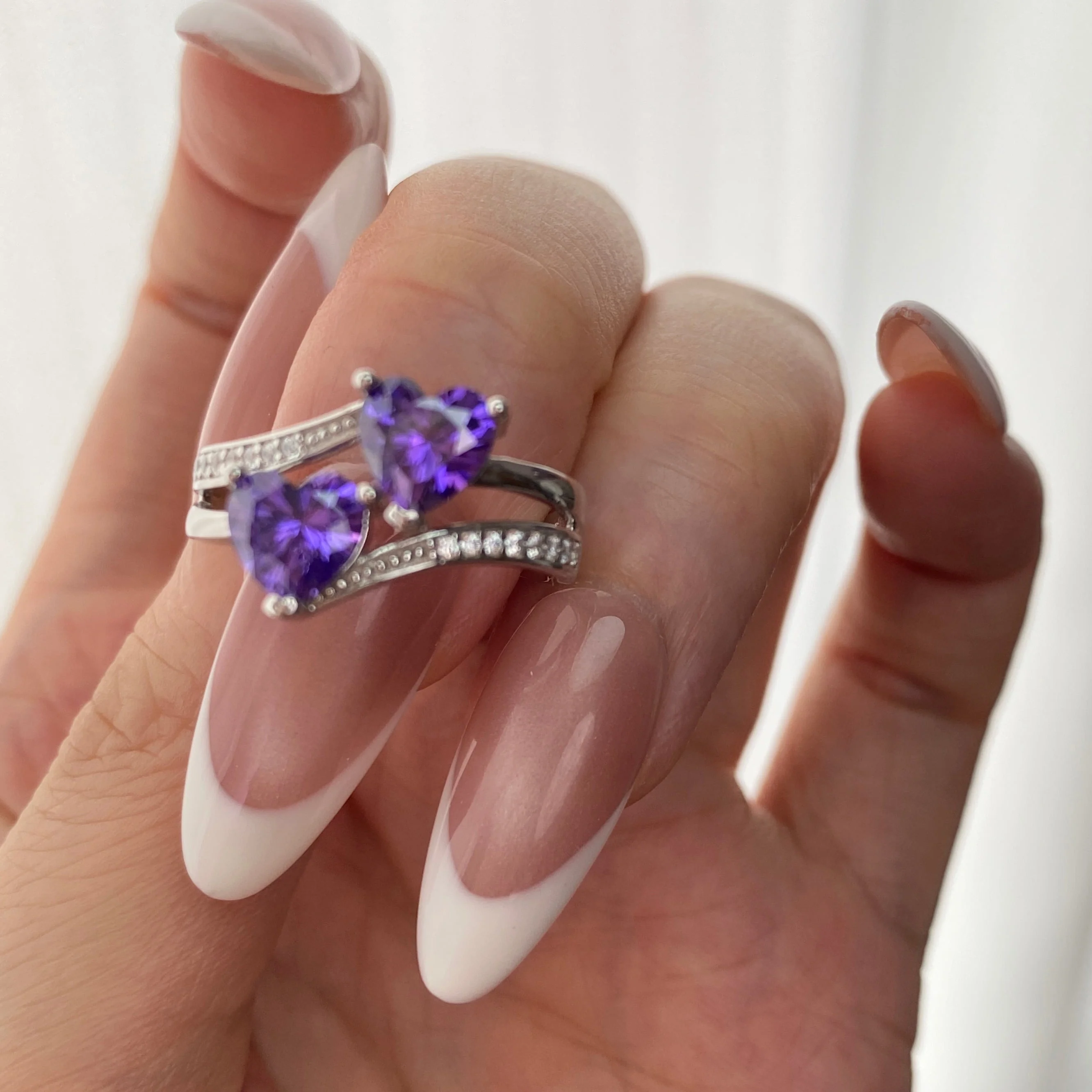 “Violet Duet” S925 Sterling Silver Double Heart Zircon Ring - Image 3