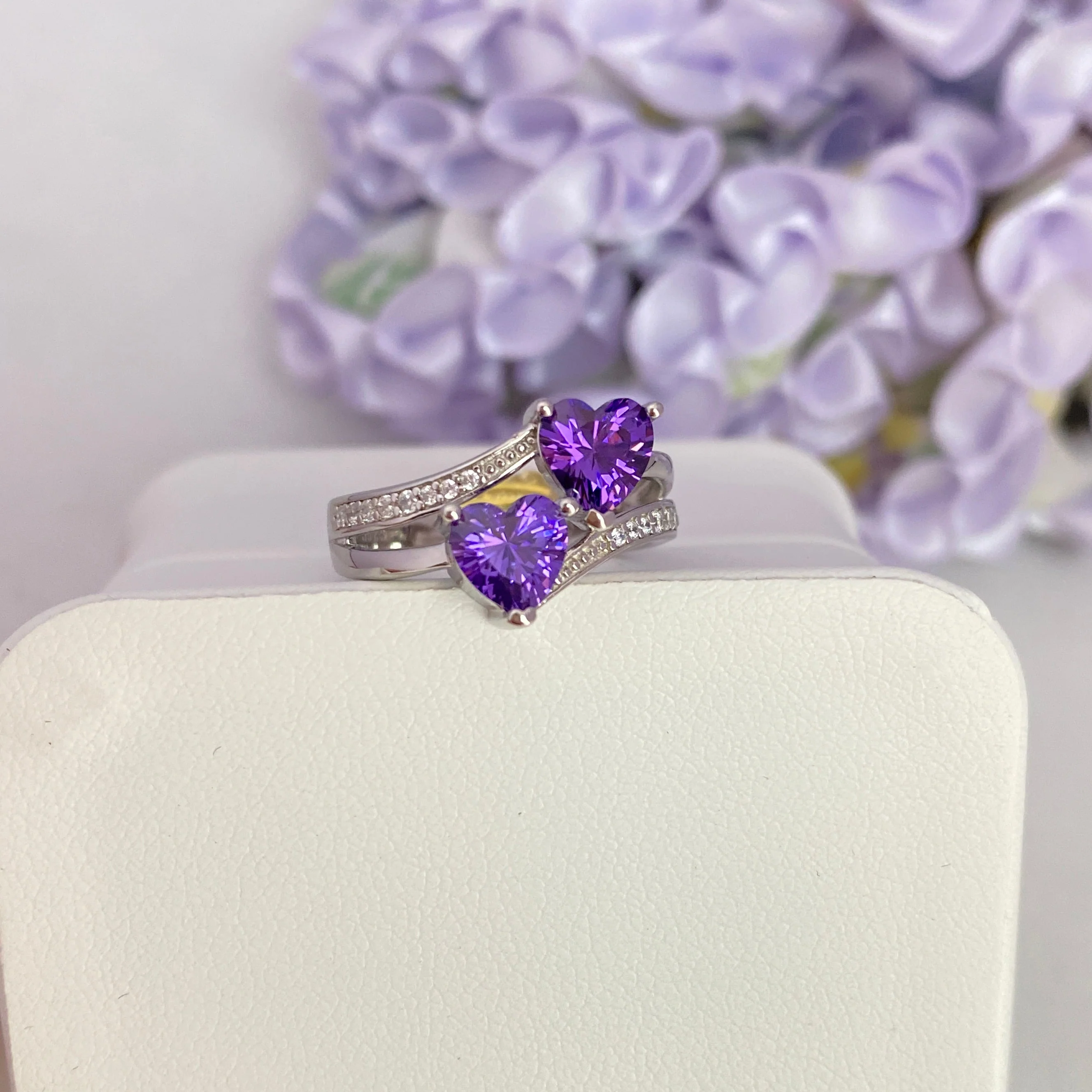 “Violet Duet” S925 Sterling Silver Double Heart Zircon Ring - Image 4