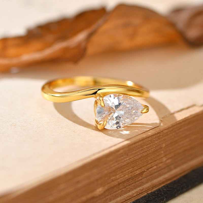 "Wave Dewdrop" 925 Sterling Silver Teardrop Zircon Ring - Image 4