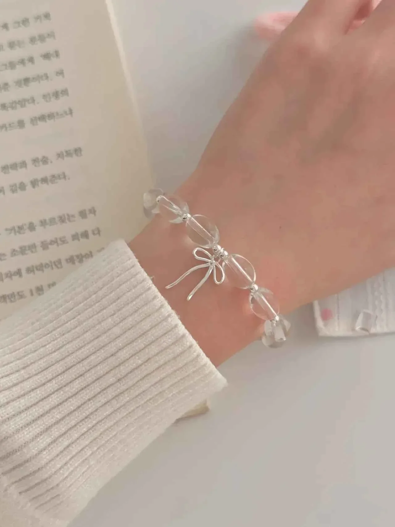"White lce Crystal" 925 Sterling Silver Bowknot WhiteCrystal Bead Bracelet-Delicate,Pure, and Elegant - Image 5